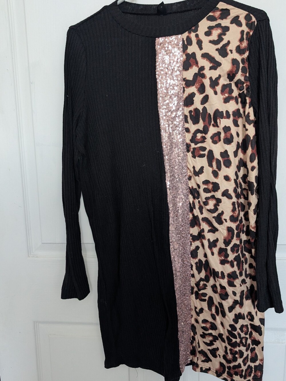 Black Long Sleeve Dress with Rose Gold Sequin & Leopard Panel